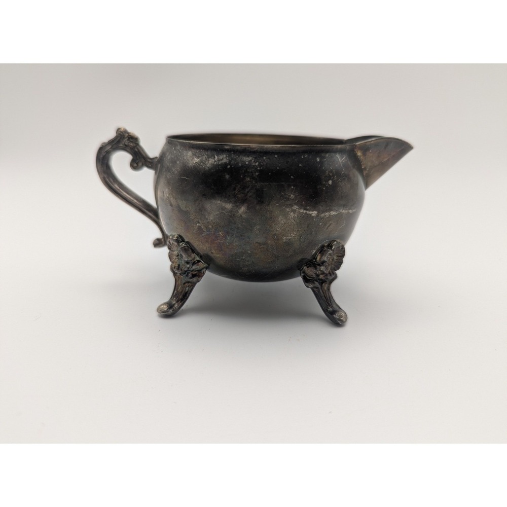 Vtg Silver Plated Footed‎ Creamer Pitcher Ornate Floral Scrolled Handle Patina